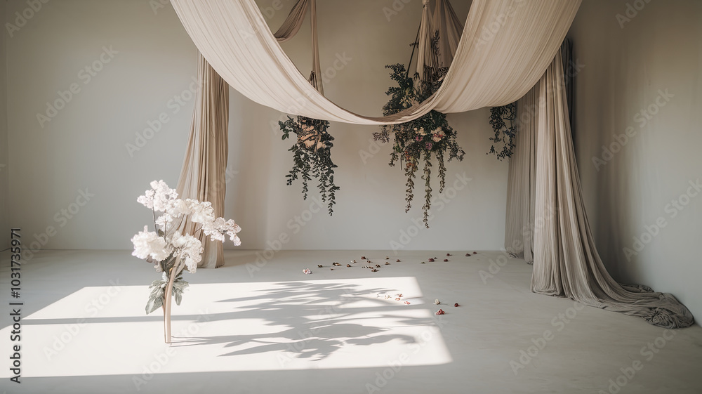 minimalist photo of white room featuring elegant drapery and floral arrangements. soft lighting creates serene atmosphere, enhancing beauty of decor minimalist photo of white room featuring elegant drapery and floral arrangements. soft lighting creates serene atmosphere, enhancing beauty of decor