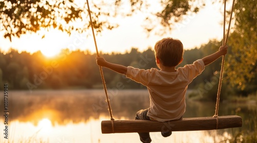 A touching scene of a child joyfully swinging on a wooden swing by a tranquil lake at sunset, capturing the peaceful essence and innocence of childhood moments. photo