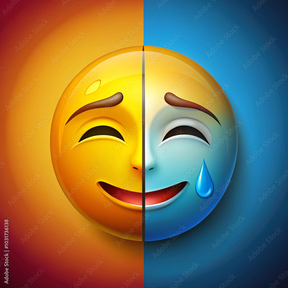 Close-up reveals a face, the right side radiates joy, while the left drips with sorrow. Close-up reveals a face, the right side radiates joy, while the left drips with sorrow.