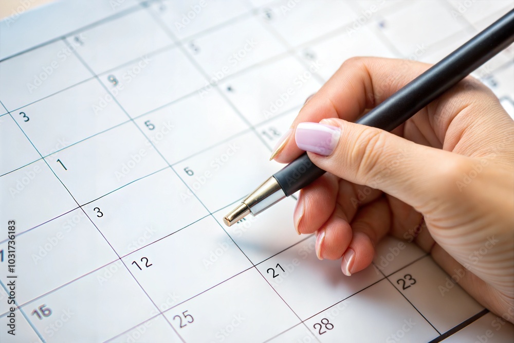 Female Hand with a Fine Liner Pen, Gracefully Notating an Upcoming Event on a Minimalist Calendar, Evoking a Sense of Anticipation and the Joy of Being Organized