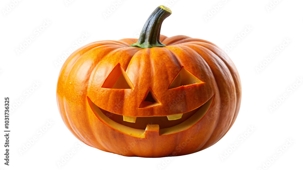 A bright orange pumpkin carved into a traditional jack-o'-lantern with triangular eyes, a triangle nose, and a wide, cheerful grin, against on a transparent background A bright orange pumpkin carved into a traditional jack-o'-lantern with triangular eyes, a triangle nose, and a wide, cheerful grin, against on a transparent background