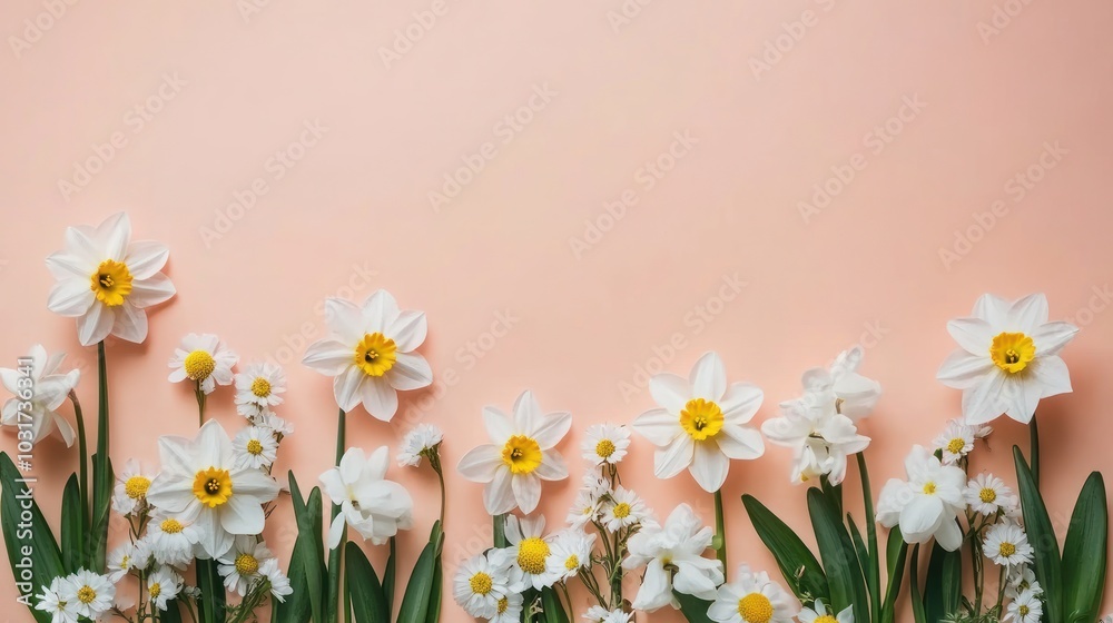A vibrant arrangement of white and yellow flowers against a soft pink background. A vibrant arrangement of white and yellow flowers against a soft pink background.