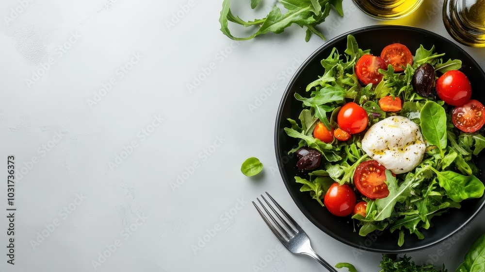 A delicious salad in a black bowl featuring cherry tomatoes, fresh greens, and creamy burrata cheese, garnished with olive oil, embodying fresh and healthy eating. A delicious salad in a black bowl featuring cherry tomatoes, fresh greens, and creamy burrata cheese, garnished with olive oil, embodying fresh and healthy eating.