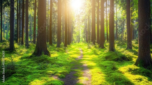 A serene forest path illuminated by sunlight, surrounded by lush greenery.