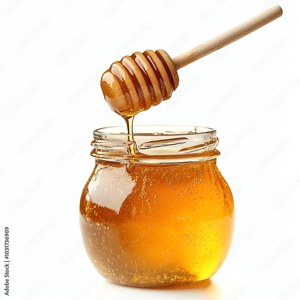 Jar of honey with dipper on a white background, dripping golden sweetness. Jar of honey with dipper on a white background, dripping golden sweetness.
