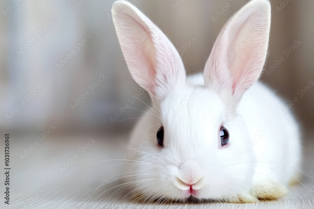 A tight shot of a white rabbit on a weathered wood floor, eyes bulging, and ears erect A tight shot of a white rabbit on a weathered wood floor, eyes bulging, and ears erect