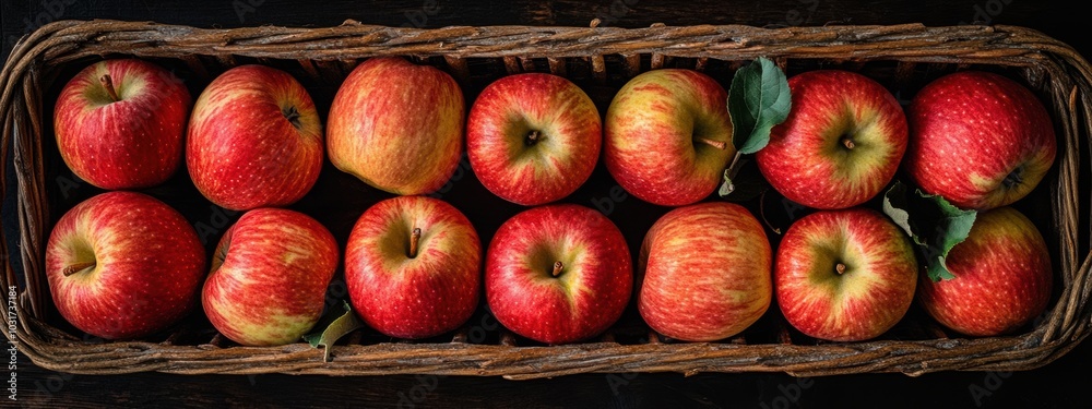 Freshly harvested apples arranged neatly in a wicker basket, showcasing vibrant red skin and a crisp, appealing texture. Freshly harvested apples arranged neatly in a wicker basket, showcasing vibrant red skin and a crisp, appealing texture.