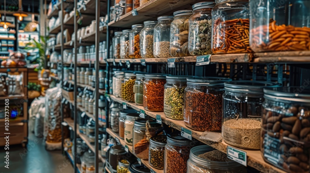 Fototapeta premium Explore the Vibrant Aisles of a Zero-Waste Grocery Store Focusing on Bulk Food Offerings