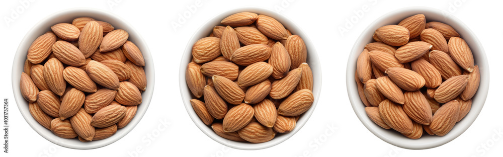 High-Quality PNG of Almond nuts in white bowl isolated on white. Top view. – High Resolution