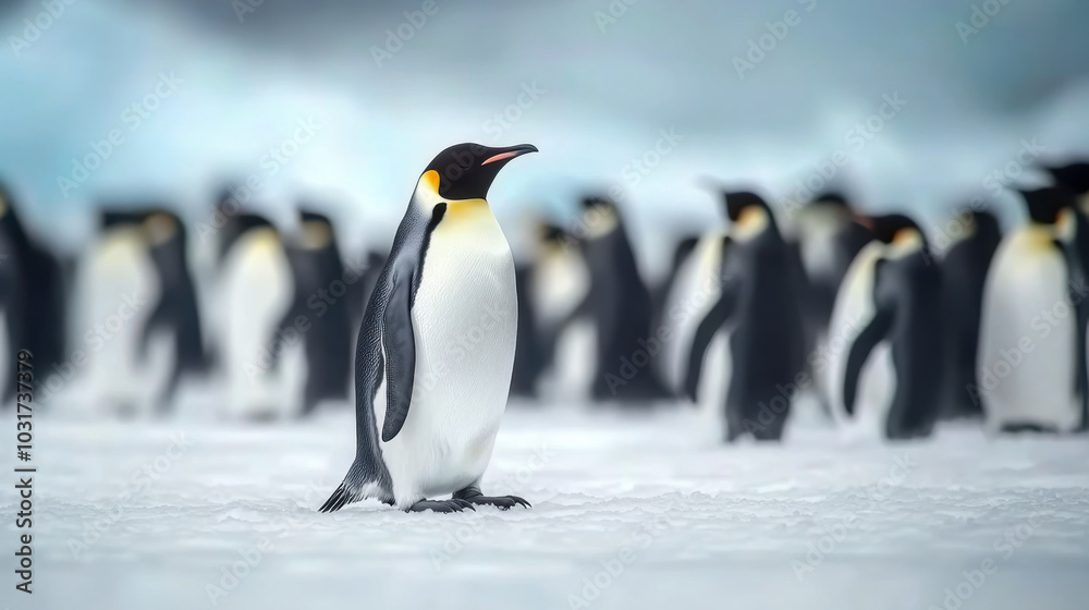 Fototapeta premium Group of king penguins coming back together from sea to beach with waves in the background