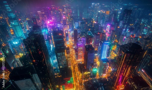 Aerial view of a city at night.