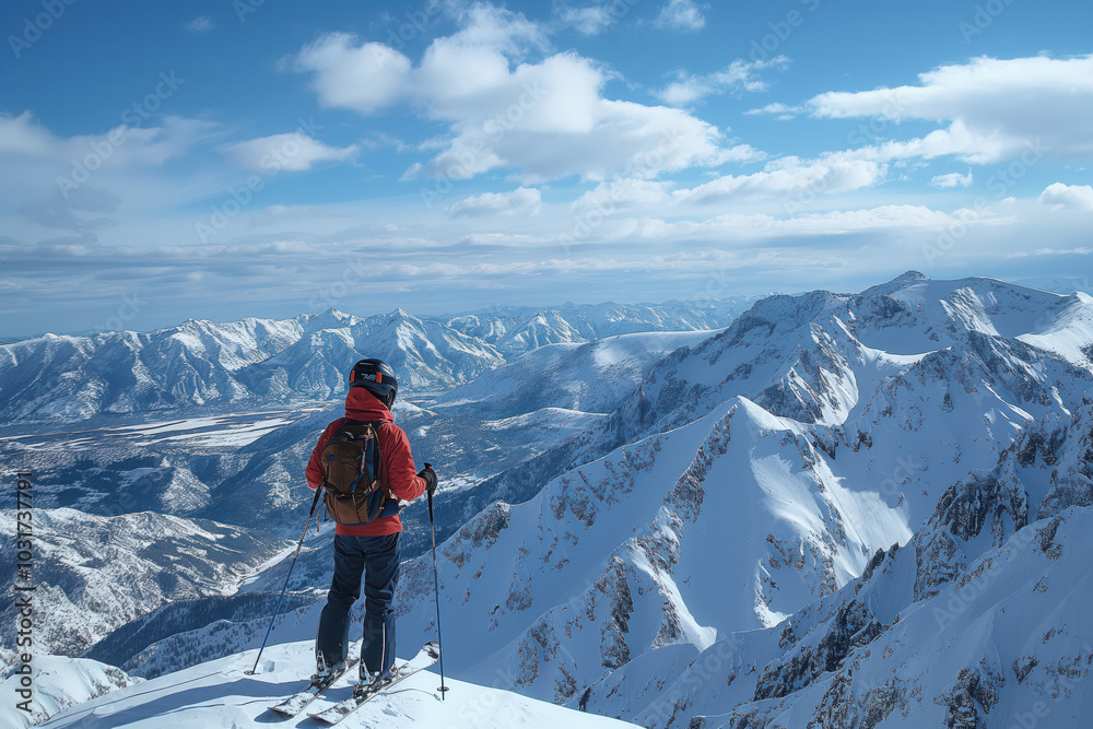 skier in helmet stands on top of mountain overlooking stunning winter mountain landscape skier in helmet stands on top of mountain overlooking stunning winter mountain landscape