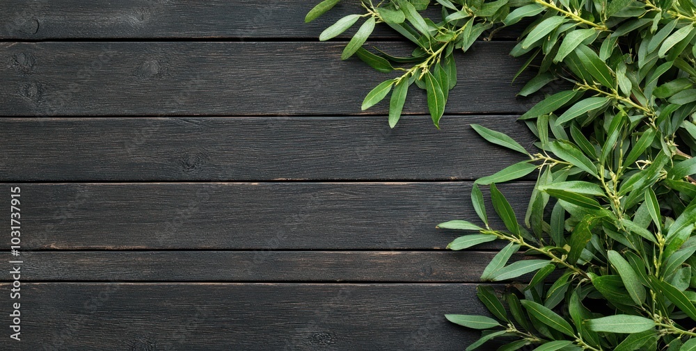 A close-up of green leaves on a dark wooden surface, creating a natural and calming aesthetic. A close-up of green leaves on a dark wooden surface, creating a natural and calming aesthetic.