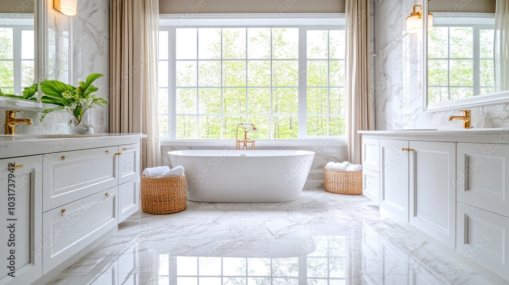 Modern Bathroom with Freestanding Tub, White Cabinets, and Marble Floor Modern Bathroom with Freestanding Tub, White Cabinets, and Marble Floor