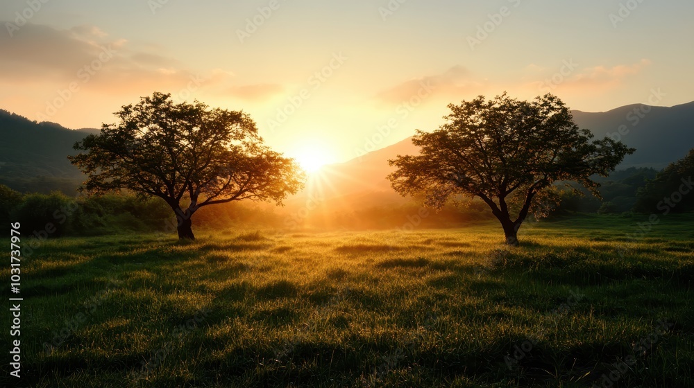 Two trees stand prominently in a lush field with a breathtaking sunset backdrop, creating a serene and harmonious scene evoking feelings of connection and wholeness. Two trees stand prominently in a lush field with a breathtaking sunset backdrop, creating a serene and harmonious scene evoking feelings of connection and wholeness.