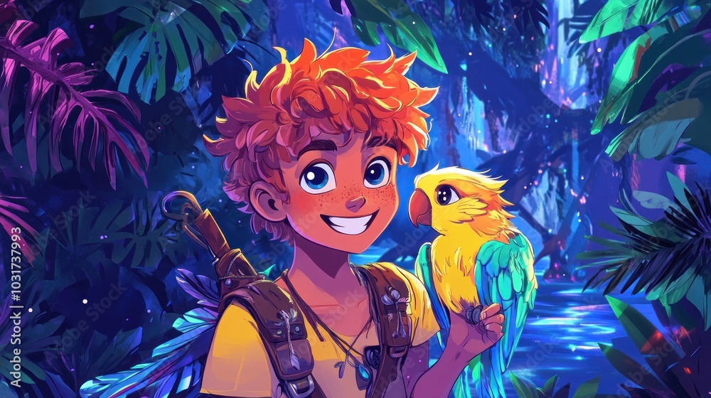 A cheerful boy holds a colorful parrot in a vibrant jungle setting. A cheerful boy holds a colorful parrot in a vibrant jungle setting.