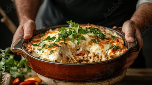 A slice of cheesy lasagna with herbs and tomatoes being served from an earthenware dish, embodying comfort and warmth, perfect for a family meal.