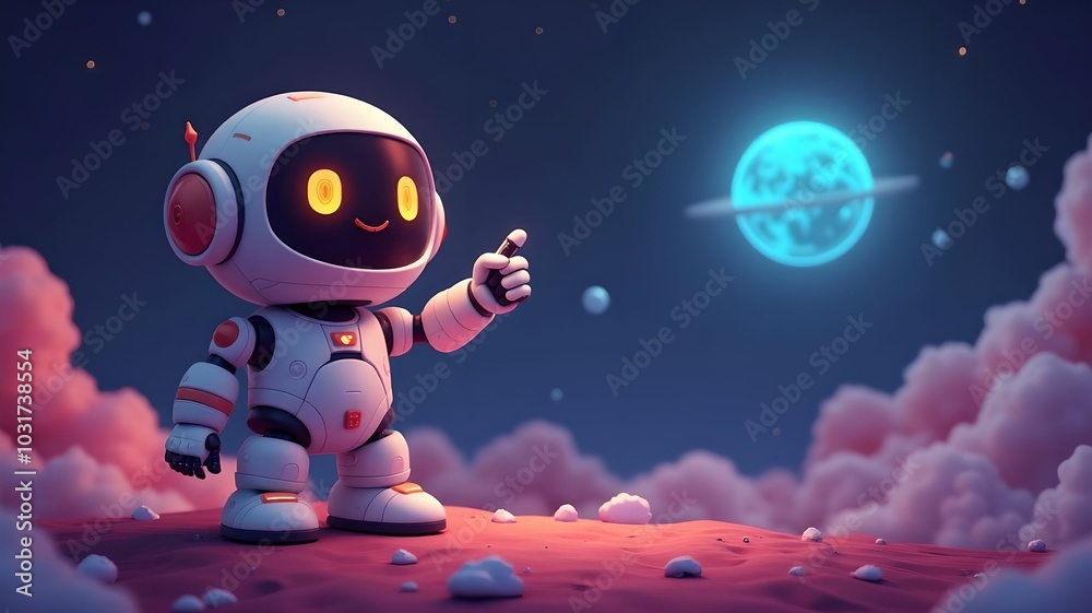 Naklejka premium Positive cute robot pointing at a space. Copy space