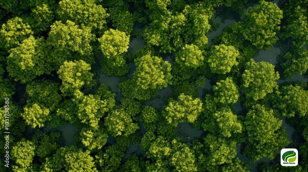 Naklejka premium Aerial view of lush green trees in a dense forest, highlighting nature's beauty and biodiversity.