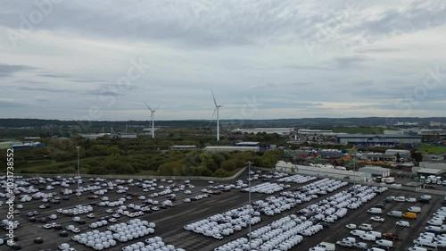 Aerial View of Sea Port and Docks at Industrial Estate of Avonmouth Bristol City of England United Kingdom During Cloudy Evening of October 15th, 2024. Aerial Footage Captured with Drone's Camera. photo