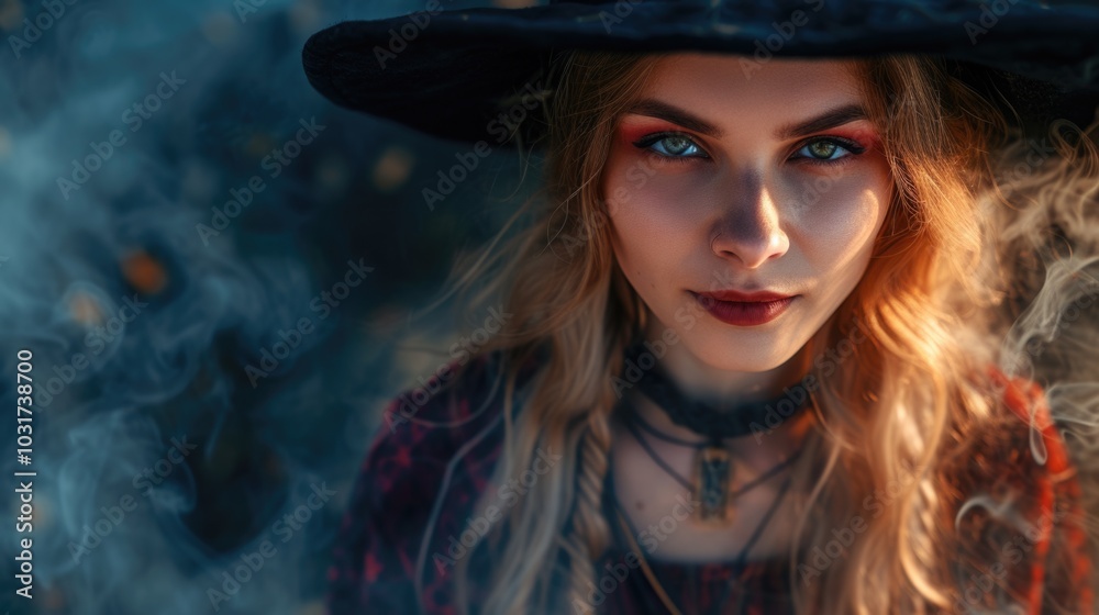 Enigmatic Witch in Twilight Forest. Walpurgis Night Bonfire Enigmatic Witch in Twilight Forest. Walpurgis Night Bonfire