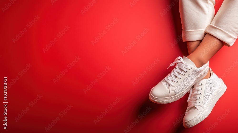 Casual white sneakers are worn and showcased against a bright red background, emanating a sense of youthful energy and contemporary fashion style. Casual white sneakers are worn and showcased against a bright red background, emanating a sense of youthful energy and contemporary fashion style.