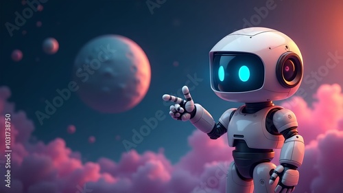 Positive cute robot pointing at a space. Copy space