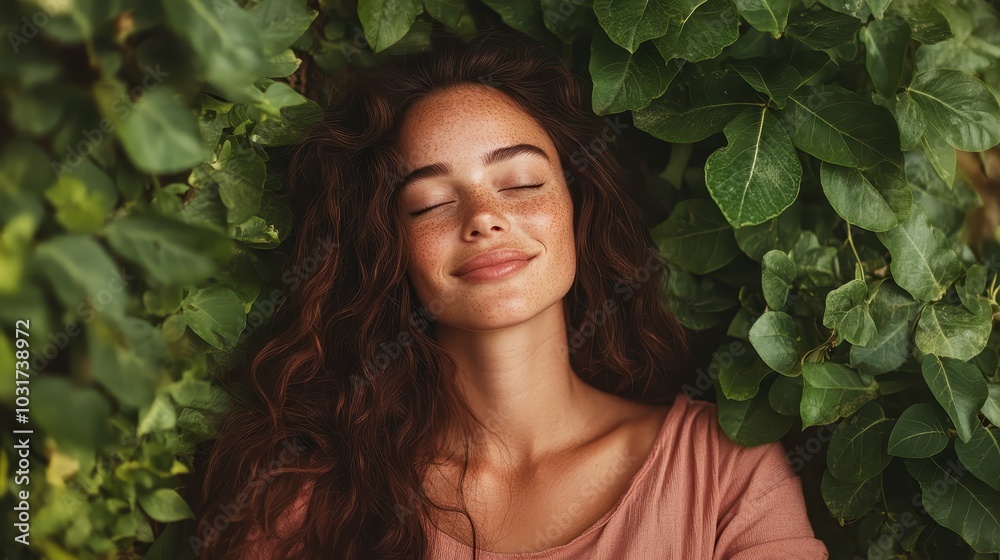 A woman peacefully rests with closed eyes among vibrant green leaves, exuding tranquility and natural beauty, wearing a soft pink top amidst nature’s embrace. A woman peacefully rests with closed eyes among vibrant green leaves, exuding tranquility and natural beauty, wearing a soft pink top amidst nature’s embrace.