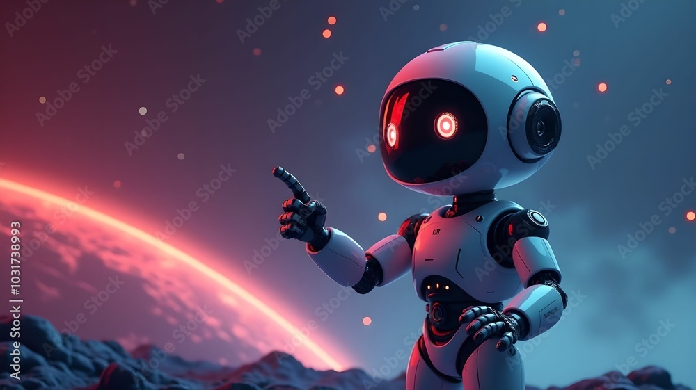 Positive cute robot pointing at a space. Copy space Positive cute robot pointing at a space. Copy space