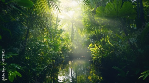 Lush jungle scene with sunlight filtering through trees, reflecting in a serene waterway.