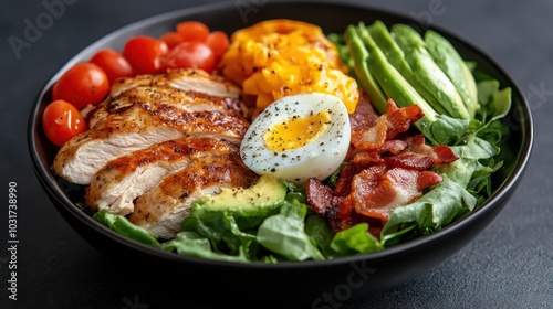 A bright salad featuring succulent chicken, creamy avocado, fresh greens, tomatoes, bacon, and a perfectly cooked egg, ideal for a refreshing and tasty meal.