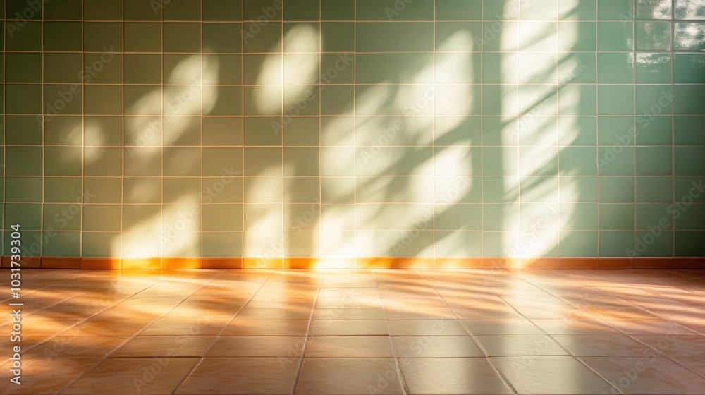 A peaceful room with a calming atmosphere featuring tiled floors and sunlight streaming through large windows, casting gentle patterns across the surfaces. A peaceful room with a calming atmosphere featuring tiled floors and sunlight streaming through large windows, casting gentle patterns across the surfaces.
