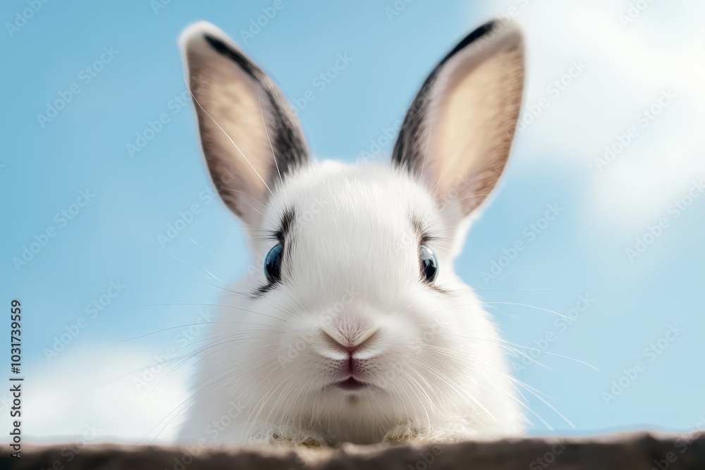  A tight shot of a rabbit's head against a backdrop of a blue sky with scattered clouds