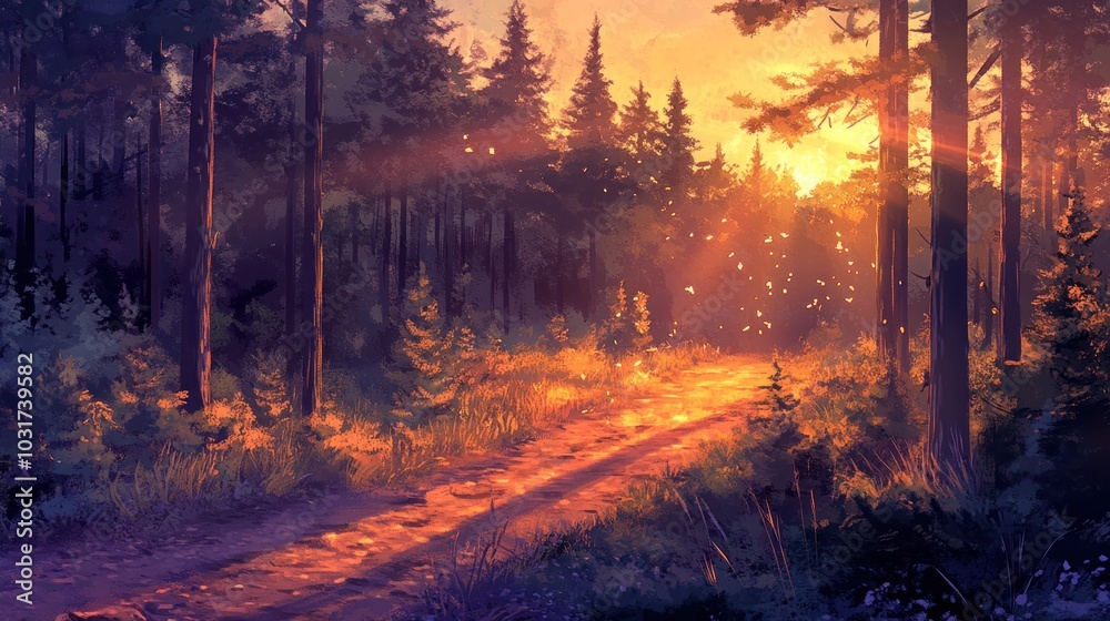 A serene forest path illuminated by warm sunset light, creating a peaceful atmosphere. A serene forest path illuminated by warm sunset light, creating a peaceful atmosphere.