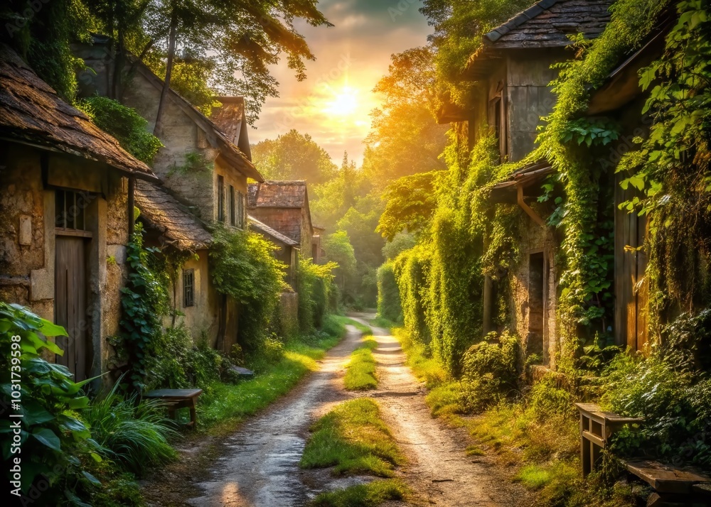Fototapeta premium Urban Exploration of a Hidden Village Road: Discovering Abandoned Charm and Nature's Touch