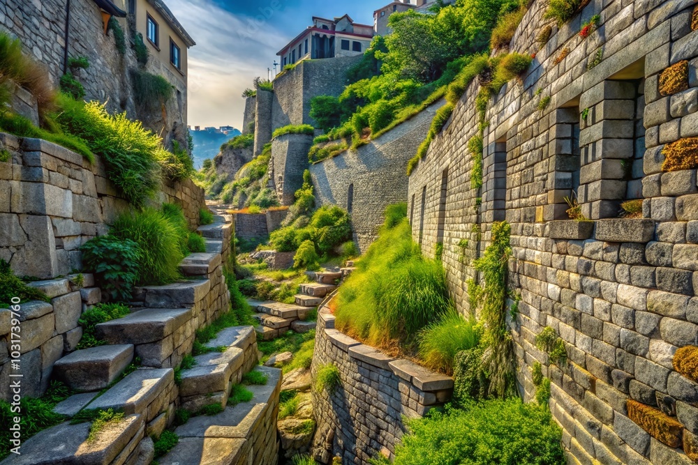 Urban Exploration of a Majestic Grey Stone Wall on a Sloped Landscape Urban Exploration of a Majestic Grey Stone Wall on a Sloped Landscape