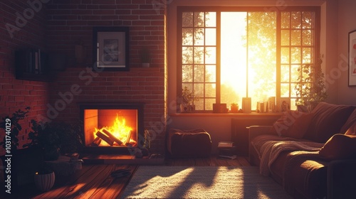 Cozy Living Room with Fireplace, Sunlight, and Couch