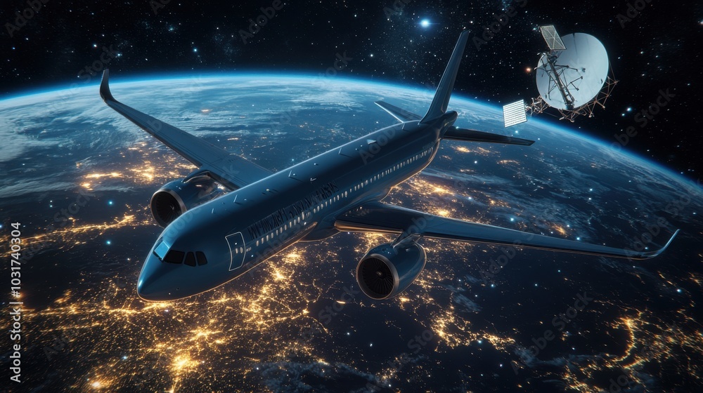 3D Airplane in Flight Above Earth and Satellite 3D Airplane in Flight Above Earth and Satellite