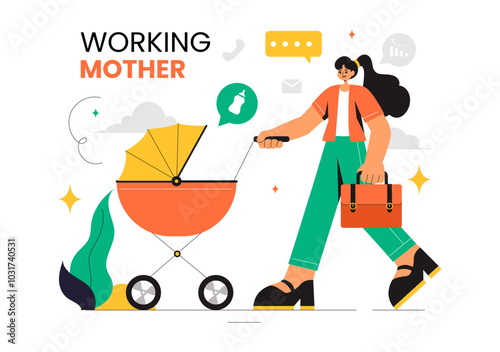 Working Mother Vector Illustration featuring a Mother who Juggles Work and Childcare at Home, Multitasking in a Flat Style Cartoon Background