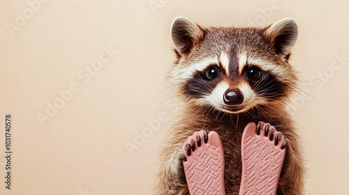 A cute raccoon holds pink toy feet, showcasing a playful and whimsical scene.