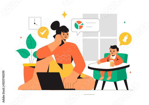 Working Mother Vector Illustration featuring a Mother who Juggles Work and Childcare at Home, Multitasking in a Flat Style Cartoon Background