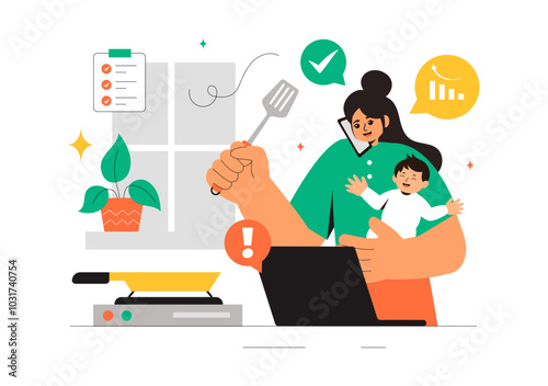 Working Mother Vector Illustration featuring a Mother who Juggles Work and Childcare at Home, Multitasking in a Flat Style Cartoon Background