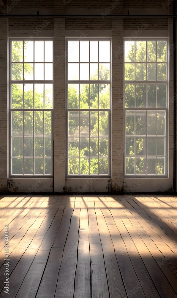 102. An empty, sunlit room with large windows 102. An empty, sunlit room with large windows