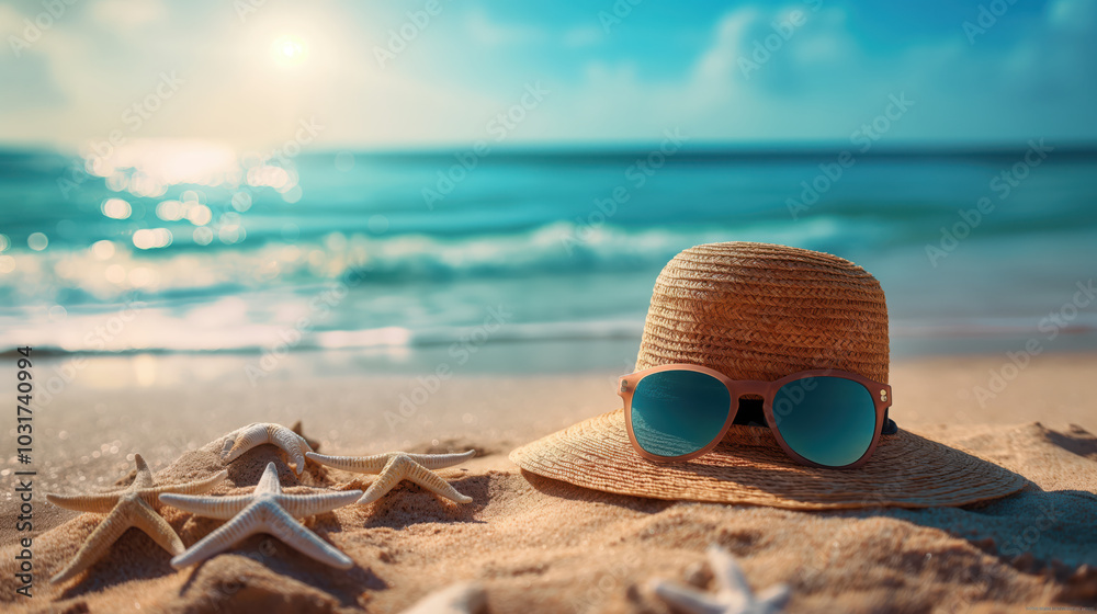 Summer Beach Marine Tourism Vacation by the sea, glasses, hat, starfish, shells