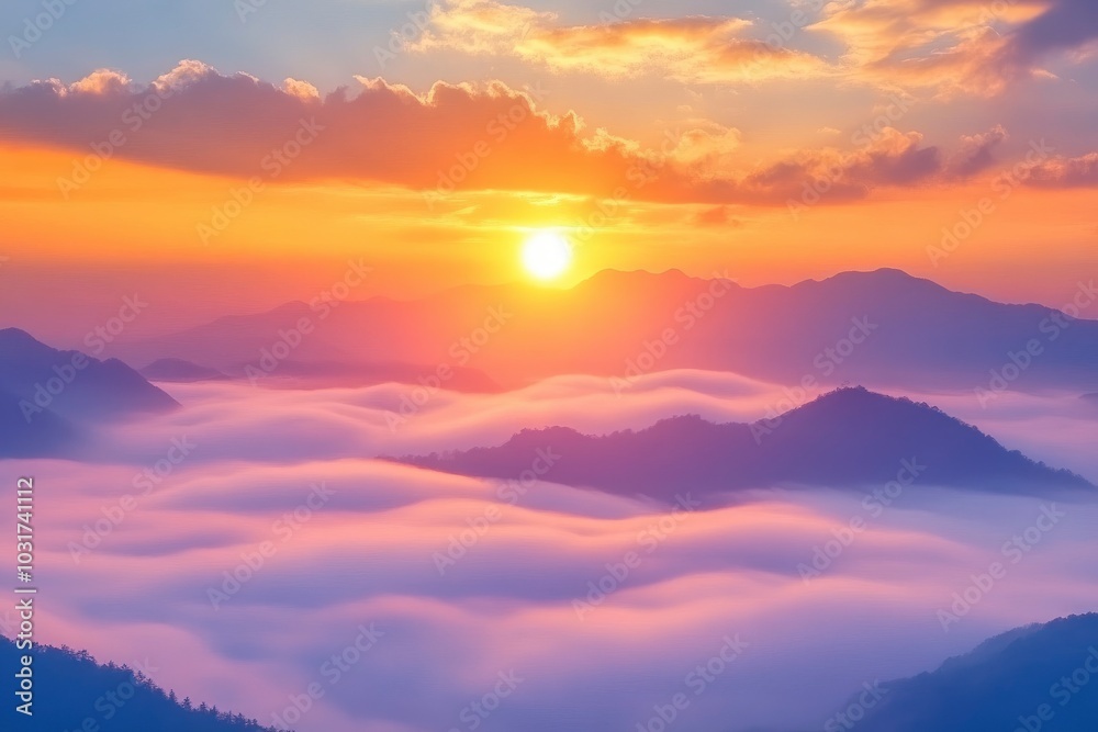 Heavy Fog On Top Of The Mountain With Sunrise - generative ai Heavy Fog On Top Of The Mountain With Sunrise - generative ai