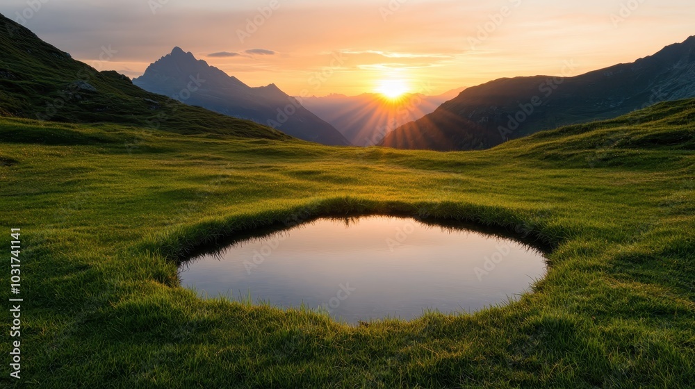 An inspiring view of the sunrise casting its golden rays over a distant mountain peak, illuminating the vibrant green field below, symbolizing hope and new beginnings.