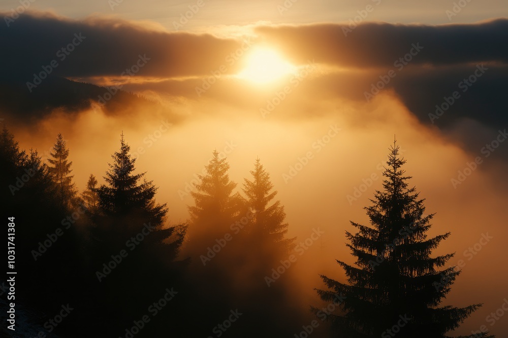 Heavy Fog On Top Of The Mountain With Sunrise - generative ai Heavy Fog On Top Of The Mountain With Sunrise - generative ai