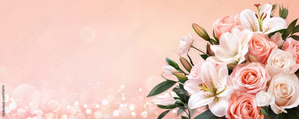 Romantic bouquet of roses and lilies with a blank space for your personalized message or text. Romantic bouquet of roses and lilies with a blank space for your personalized message or text.