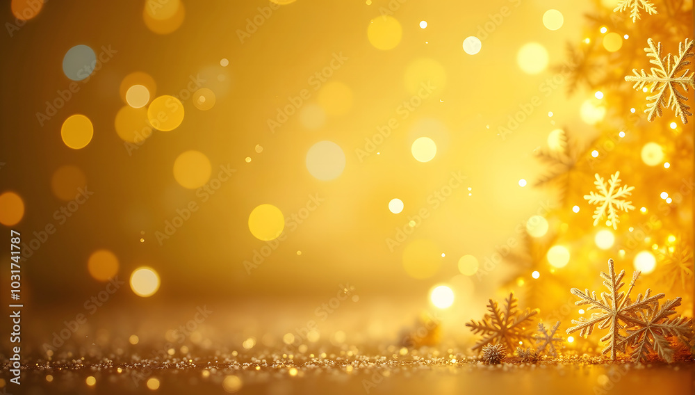 Glittering yellow Xmas background with snowflakes and lights for banner design Glittering yellow Xmas background with snowflakes and lights for banner design