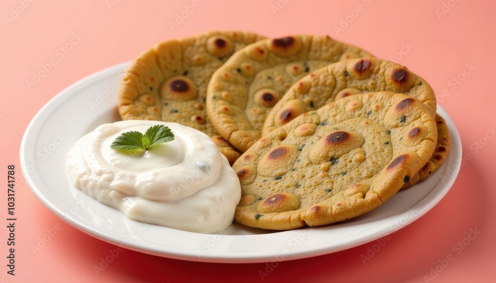 Isolated methi paratha served with raita on a soft coral background inviting delicious bites. Isolated methi paratha served with raita on a soft coral background inviting delicious bites.